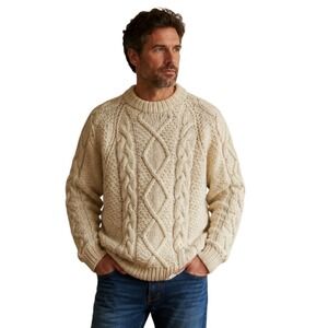 Rey Wear Handmade Wool Cable Knit Sweater Mens L Cream Heavy Fisherman 7201